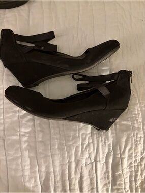 Amiana Black Ankle-Strap Wedge Heels